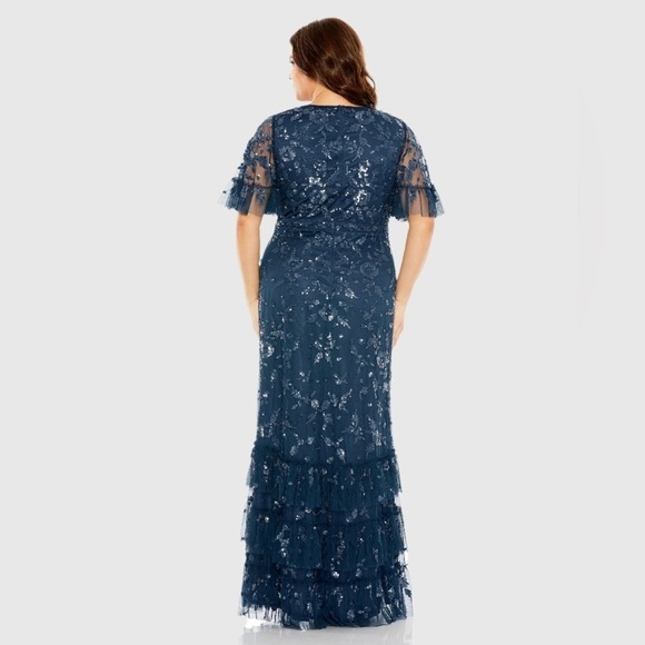 MAC DUGGAL 9270 NWT Sequin Embellished Flutter Sleeve Faux Wrap Tiered Gown - Picture 3 of 7